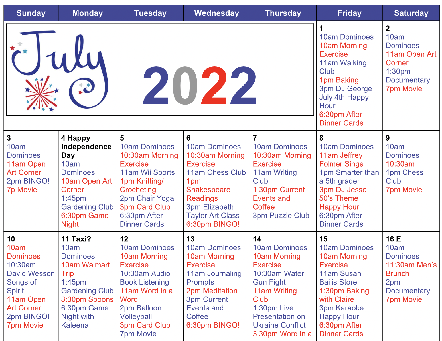 Activity Calendars Assisted Living